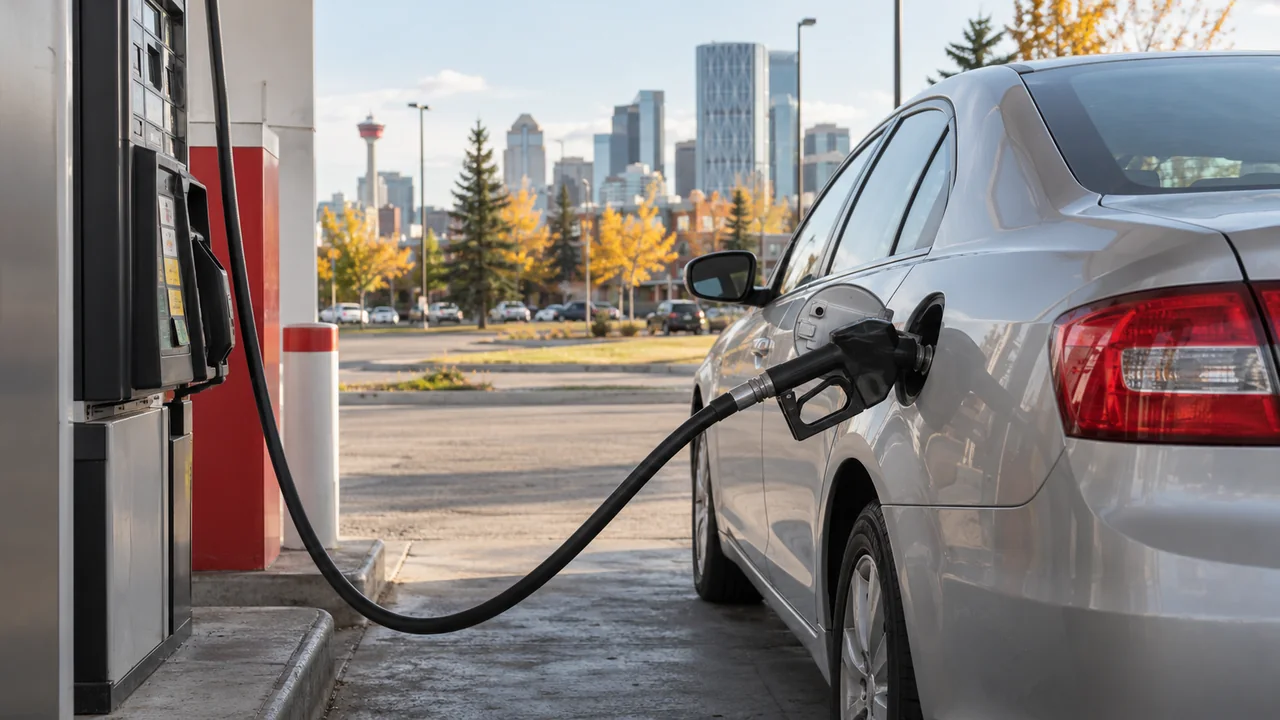 AI-generated illustration of a silver car being fuelled at an unbranded station with Calgary’s skyline behind it