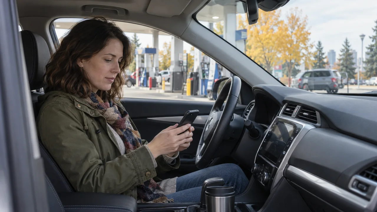 AI-generated illustration of an adult driver checking a smartphone inside a parked car at a gas station