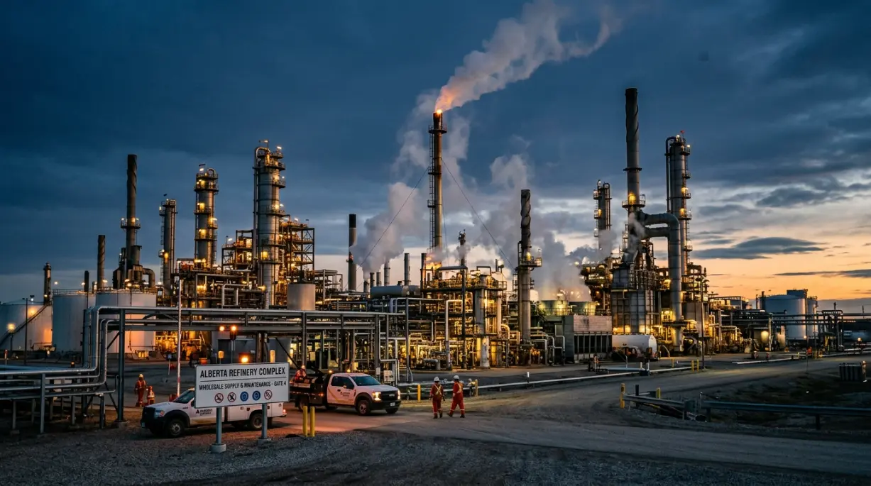 Alberta oil refinery at dusk with workers in safety coveralls near a maintenance gate