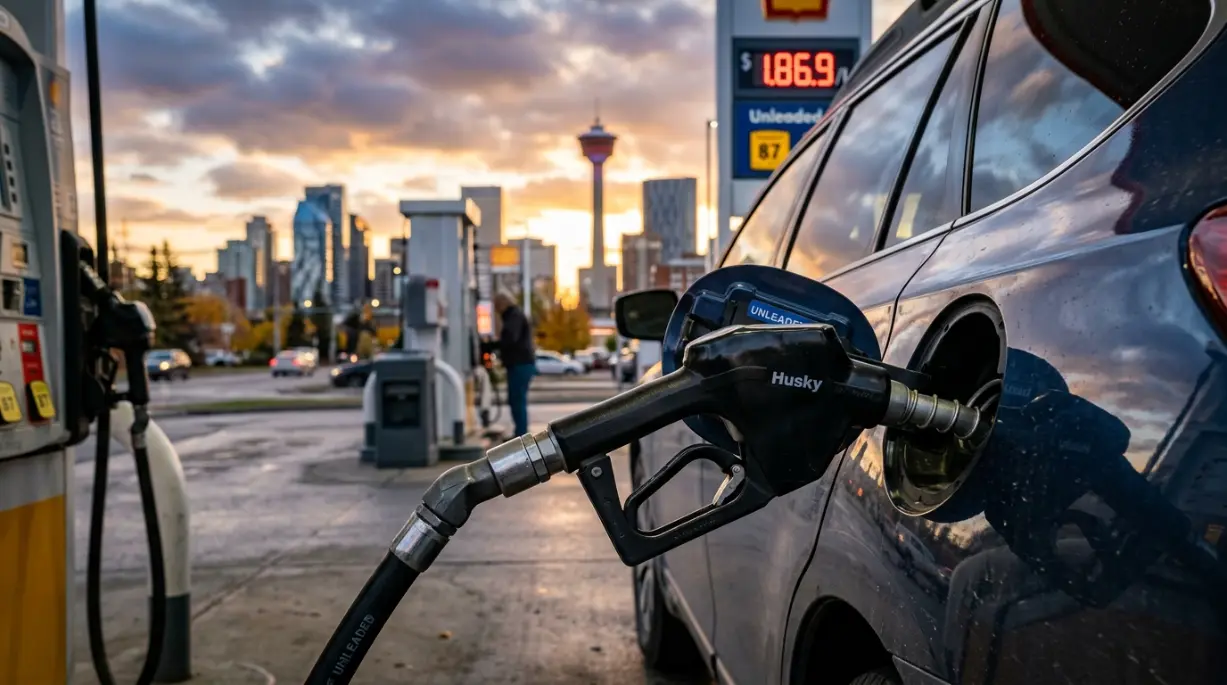 Fuel nozzle in a car at a Calgary gas station at sunset, with the Calgary Tower and downtown skyline behind a price sign