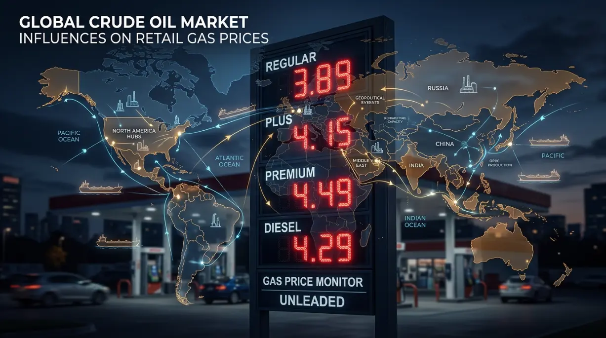 World map of crude oil shipping routes and refining hubs overlaid on a gas station price sign